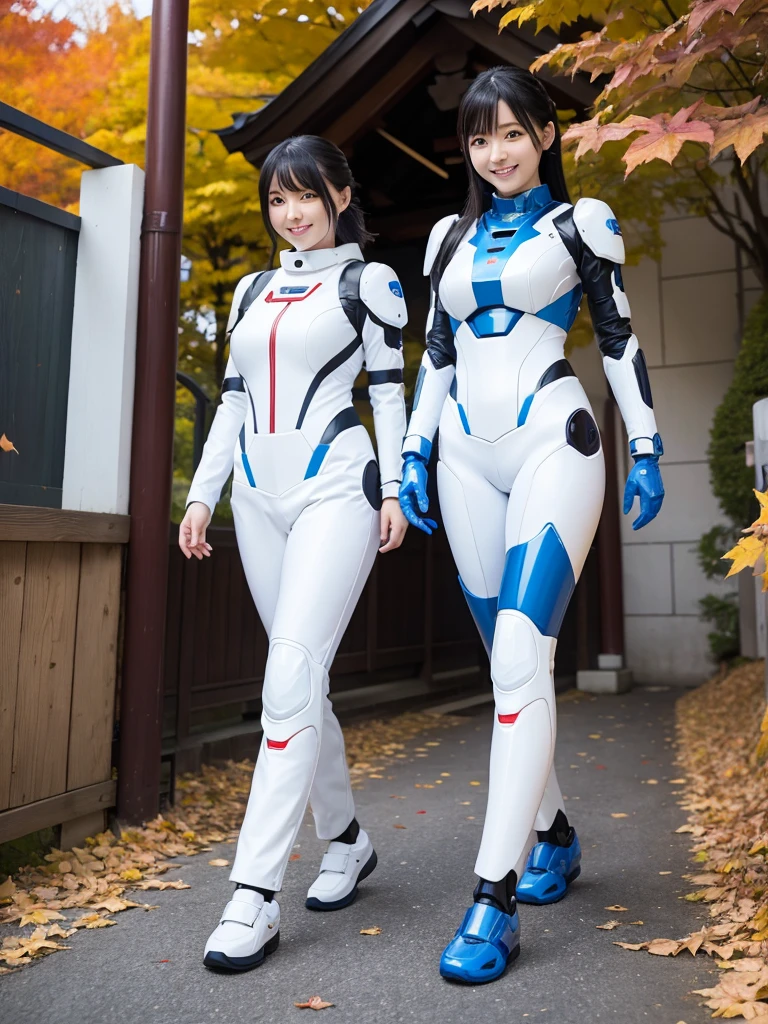 Japanese female android sisters,Black Hair,White and blue robot suit,Plump,Walking through the shrine amid the autumn leaves,smile