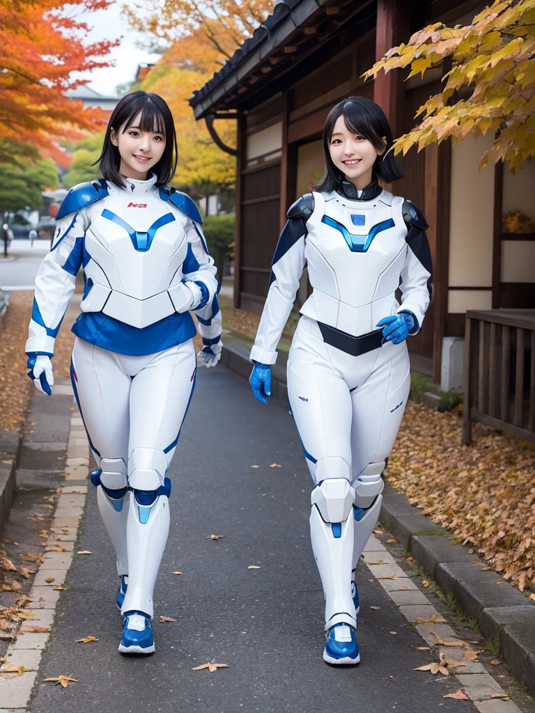 Japanese female android sisters,Black Hair,White and blue robot suit,Plump,Walking through the shrine amid the autumn leaves,smile