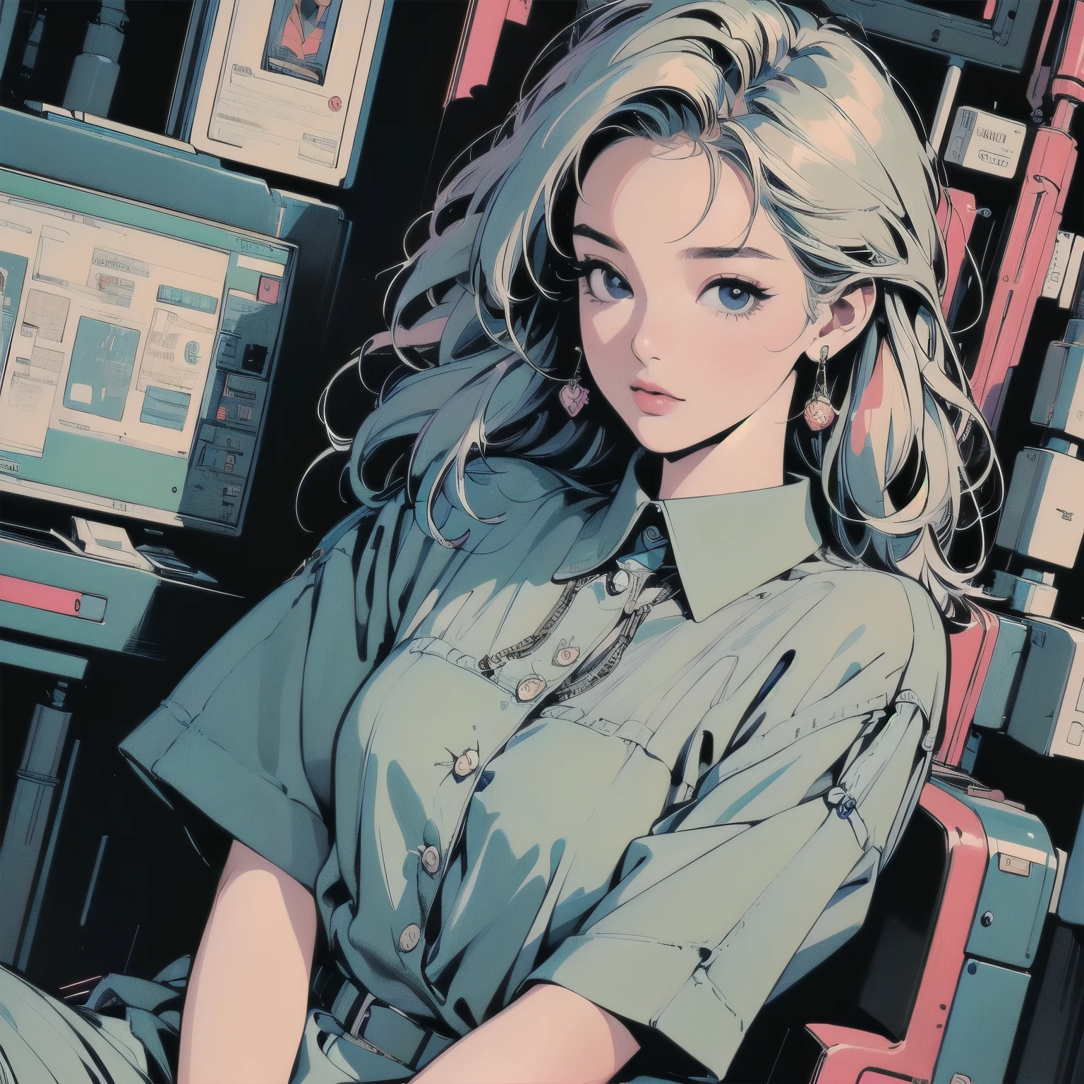 (((masterpiece, Highest quality)))、(((32K Wallpapers)))、The most detailed machine、(((The most detailed and colorful futuristic machine and a woman)))、The most detailed background、(((Flat Chest)))、(((Surrounded by many complex, sophisticated, futuristic machines)))、head shot,((((more various angle))))、A perfect machine、(((Completed and detailed beautiful face)))、(((The most complete machine of the future)))、Detailed Hair、anime、mysterious、(((Dull colors)))、(((highlight)))、(((Short sleeve shirt)))