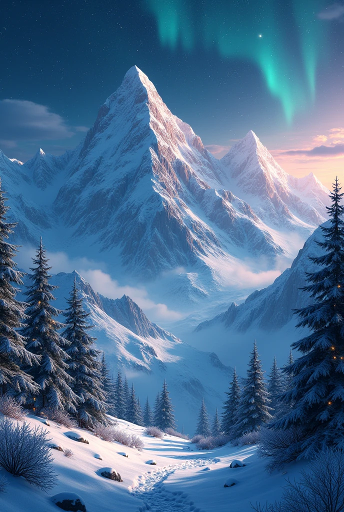 Create a starry night landscape image at the mountainous North Pole with Christmas trees