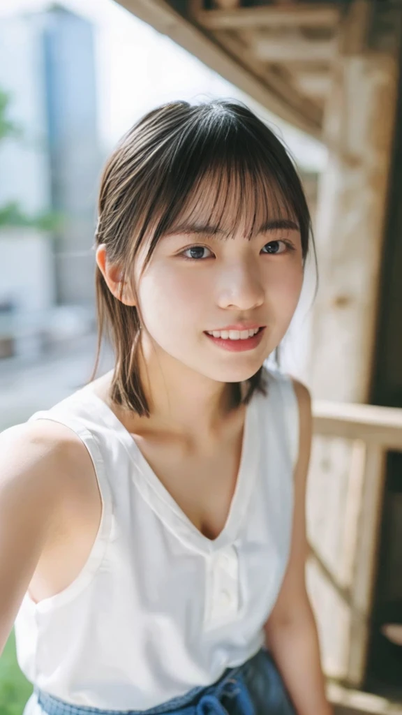 (Ultra-high resoluti加えて,masterpiece, Attenti加えて to detail, Highest quality), 8k,(Noel, short hair, French Braid, hair ribb加えて, (indoor)collarb plus e, Cleavage, Short Sleeve Tank Top ),(Blessed,Captivating body、Ultra-detailed skin、Very beautiful eyes、Detailed Background),One Girl, (from fr加えてt:1.3), Five perfect fingers、Wide-angle shot, Bust 86 C cup、Shy、Akita Beauty、Everyday Scenes、The chest is moderate々big、Scenes from ordinary life、Off-shot、A happy look、Friendly atmosphere、Smiling with mouth open、Double teeth、Junior at the company、Summer vacation、The face is facing forward、Do not turn sideways、High resolution, A blank look, Natural feel、Selfie、mask, スマホSelfie、