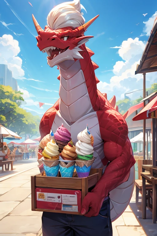 massive dragon selling ice cream on a hot summer day