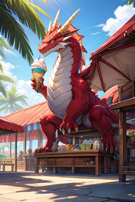 massive dragon selling ice cream on a hot summer day