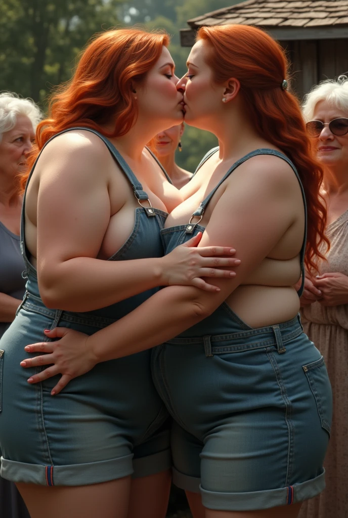Old bbw mom with red hair overalls half undone with huge breasts, showing mom kissing her bbw in just overall half open with huge breasts showing & adult daughter on the lips on a farm full of old ladies watching the mom & daughter making out