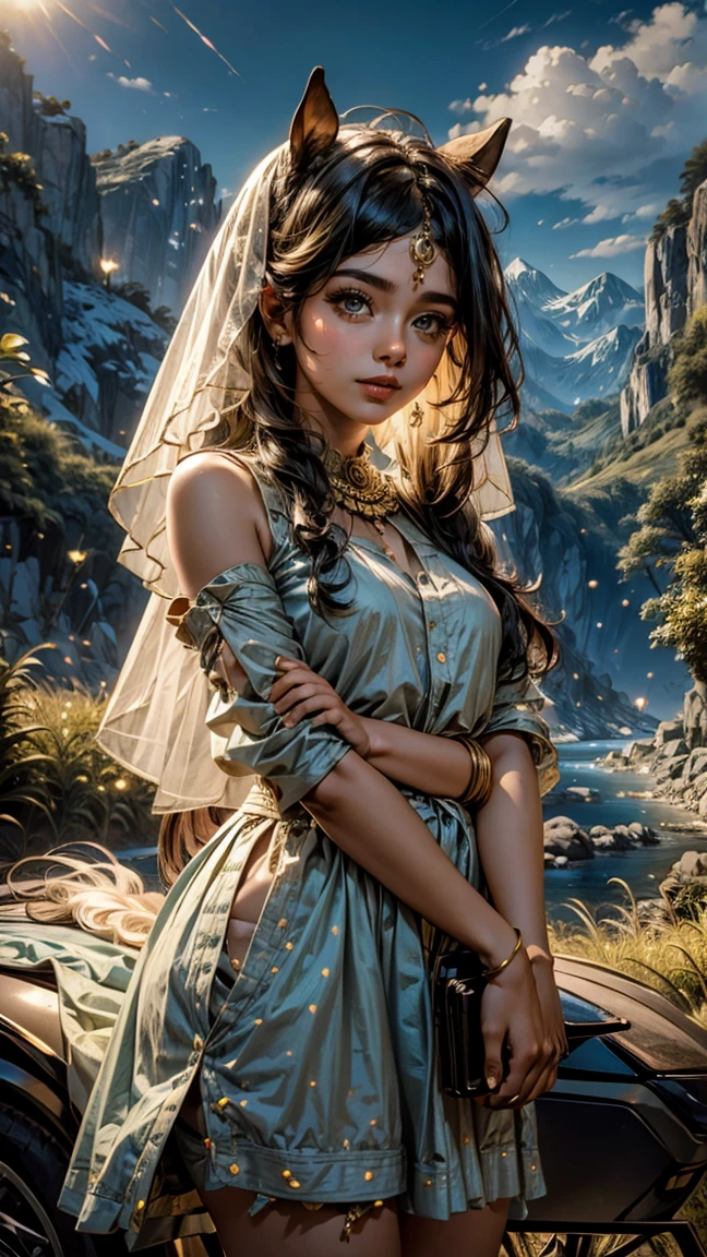 A beautiful cute indian girl hugging a horse face