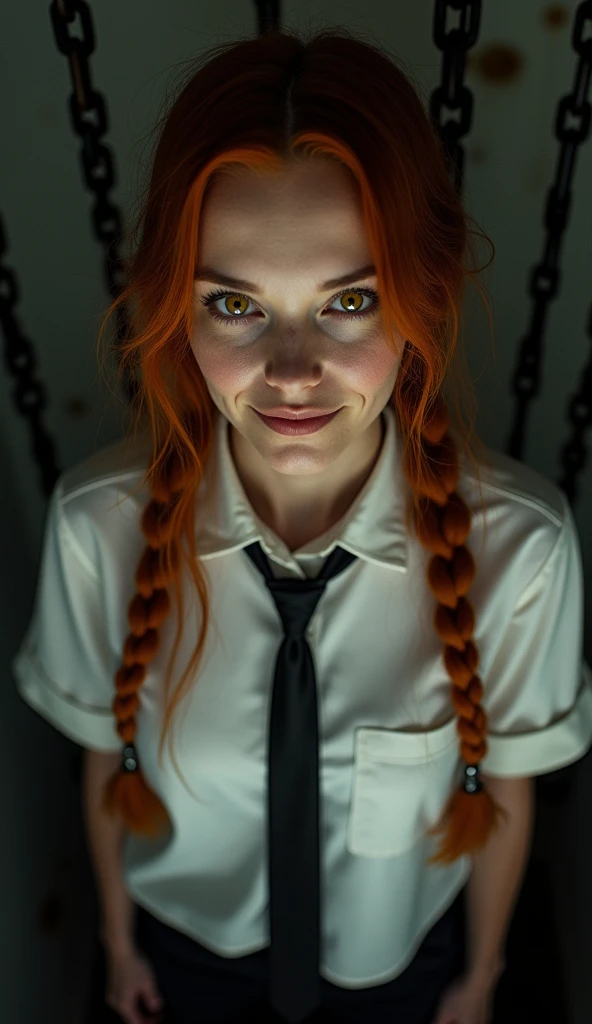 makima with the face of Scarlett Johansson\ (chainsaw man\), best quality, ultra detailed, 1girl, solo, standing, red hair, long braided hair, golden eyes, bangs, medium breasts, white shirt, tie, look, smile, (bad: 1.2), looking at the viewer, (interview: 1.3), (dark background, chains: 1.3), from above, sharp contrast, beautiful detailed eyes, focus, closeup shot
