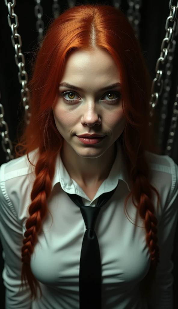 makima with the face of Scarlett Johansson\ (chainsaw man\), best quality, ultra detailed, 1girl, solo, standing, red hair, long braided hair, golden eyes, bangs, medium breasts, white shirt, tie, look, smile, (bad: 1.2), looking at the viewer, (interview: 1.3), (dark background, chains: 1.3), from above, sharp contrast, beautiful detailed eyes, focus, closeup shot