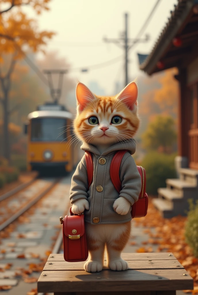 (best quality,4K,8K,high resolution,masterpiece:1.2),Extremely detailed,Clear focus,(Realist,photoRealist,photo-Realist:1.37), 35mm lens,Multiple angles,countryside,suburban,Back,side,contour,Overhead shot,Cat,permanent,toy doll,Carry a small school Backpack,tram,Beijing,autumn,Wooden house,platform, cloak,Ruan Jia,ongoing,Attar, (deliCate face), (beautiful, Fluffy fur),(35mm Cinema Lens),(Multi-angle shooting),(many viewing angles)