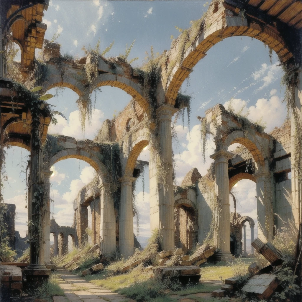 GB,There are no humans,sight,arch,outdoors,sky,plant,afternoon,pillar,cloud,ruins,overgrown,column,