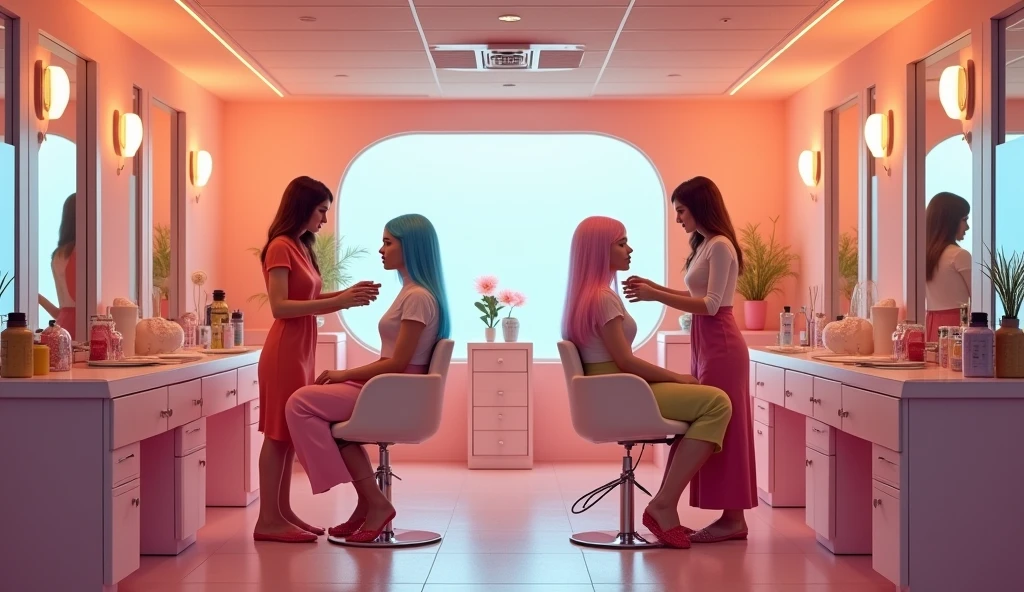Helped design a teenage hair salon in the '70s with two hair steamers. The store has pastel tones and beautiful colors. The shop measures 7x7 meters. Two women sitting on a chair, color tine in pastel pink and light blue