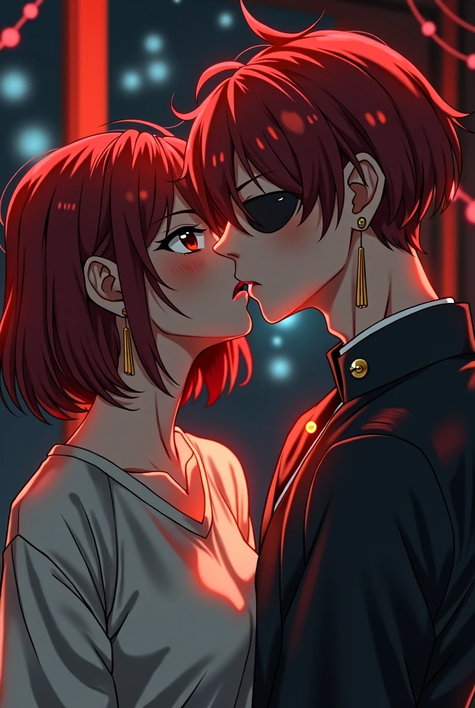 a boy,high school,handsome,dark eyepatch on right side,no bangs,dark red hair color,very short bob hair,double-edged eyelid,smart,wear Japanese gakuran,inner wear is cheongsam t-shirt,angry,cool,gold tassel earrings,during kissing deeply