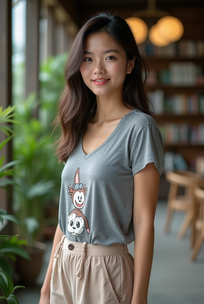 Thai women,Age 36,beautiful face,Perfect eyebrows, eyes, nose, and mouth, smooth white skin,Gray T-shirt with cartoon pattern,1 person,Perfectly beautiful shape,sexy,It is eye-catching.,Standing full body,sandals,High quality photos,high resolution,Light under the shade,clear,Tempting body