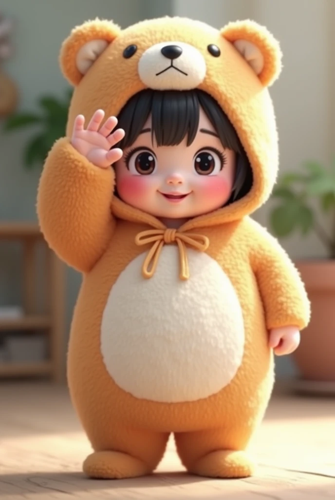 (girl),(()) ,3d images ,Highest quality 8K ,Chubby body shape,((Very fat)),Pink cheeks,podgy,Good mood,((Raise your hand to salute your boss.)),((right hand saluting)),((Open your eyes.)),Put on a stuffed animal costume,Balanced lighting,blurred background,Middle of the picture