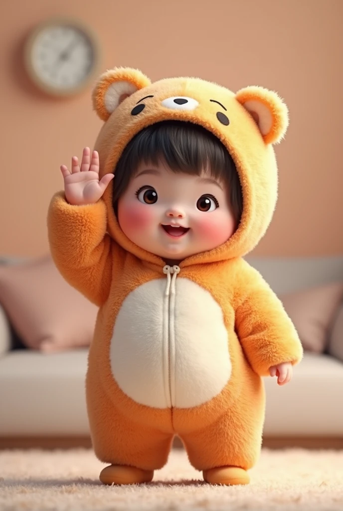 (girl),(()) ,3d images ,Highest quality 8K ,Chubby body shape,((Very fat)),Pink cheeks,podgy,Good mood,((Raise your hand to salute your boss.)),((right hand saluting)),((Open your eyes.)),Put on a stuffed animal costume,Balanced lighting,blurred background,Middle of the picture