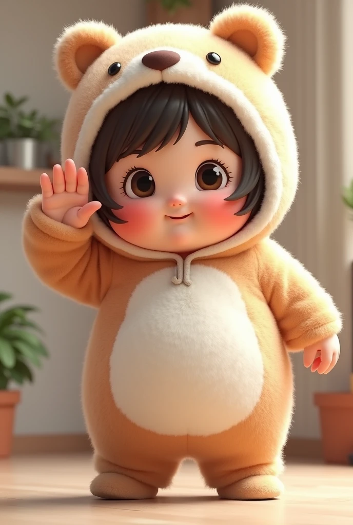 (girl),(()) ,3d images ,Highest quality 8K ,Chubby body shape,((Very fat)),Pink cheeks,podgy,Good mood,((Raise your hand to salute your boss.)),((right hand saluting)),((Open your eyes.)),Put on a stuffed animal costume,Balanced lighting,blurred background,Middle of the picture