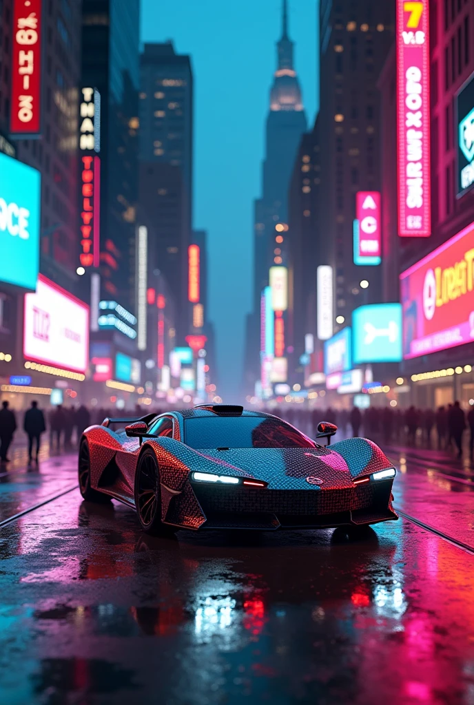 Pixelated Futuristic car in newyork city with neon lights