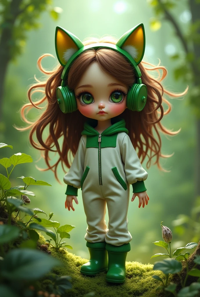   doll shape,Caucasian skin,greeneyes, big brown and green hair, white and green jumpsuit,green kitty headphones,greenery background 
