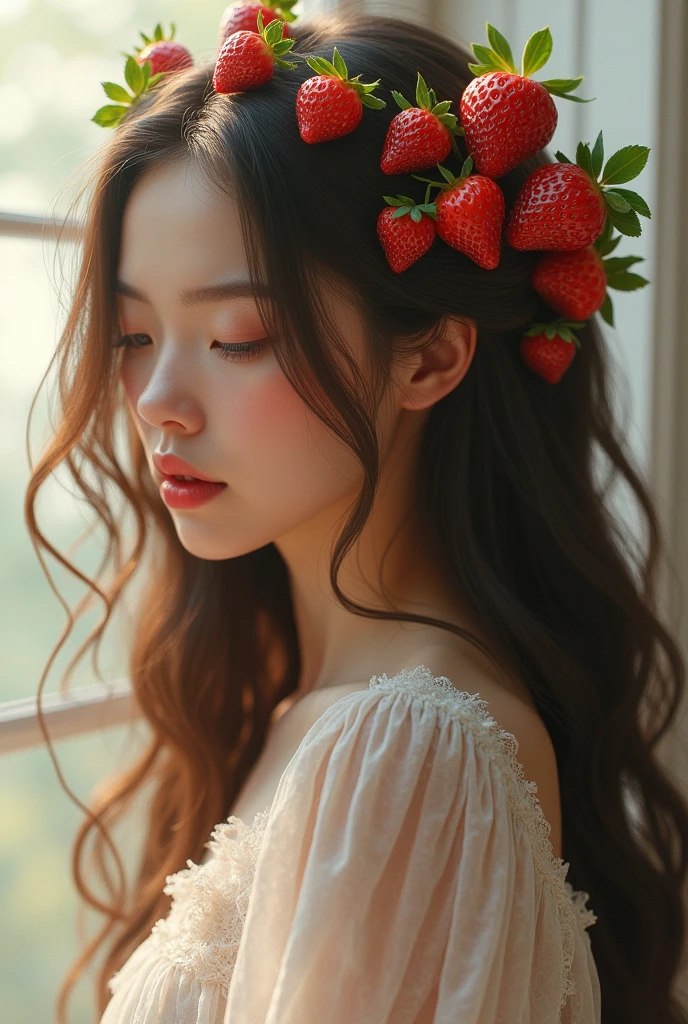 Long haired girl with strawberries on her hair