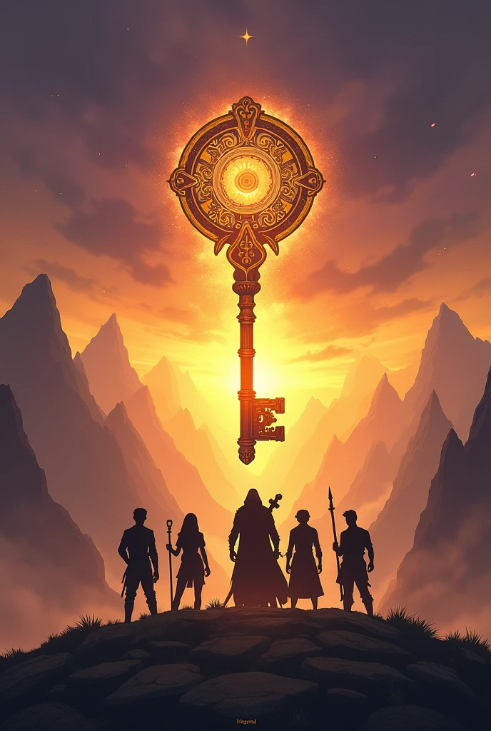 Background: A vast and mystical landscape, with distant mountains bathed in the golden light of the rising sun. O céu é tingido com nuances de purple e laranja, creating a magical contrast with the shadows of the night that still resist the dawn.
Main Elements:
The Floating Key: In the center of the cover, in the spotlight, an ancient and intricately decorated key floats in the air, emanating a soft glow. The key is big, made of a golden metal with mysterious runes engraved along its length. The light she emanates seems to form a bright circle around her., suggesting its mystical power.
The Protagonists in Silhouette: Na parte inferior da capa, Em primeiro plano, the silhouettes of the protagonists (Elena, Darian, Lyra, Find e Kael) are standing in front of the vast landscape. They are arranged in a semicircle, looking at the floating key. Each character holds a weapon or object that represents their abilities and personality. (a sword for Darian, a staff for Finn, a bow for Lyra, etc.).
The Villain in the Shadows: No fundo, almost imperceptible, There's a shadowy figure (representing the Dark King) lurking in the shadows, with glowing eyes that convey threat, but without revealing details of the face. He observes the protagonists, suggesting the constant presence of danger.
Tons e Cores:
The cover uses a color palette that mixes gold, purple, blue and black, creating a sense of mysticism and adventure.
Areas illuminated by key light and rising sun are contrasted by deep shadows, that suggest the duality of good and evil, light and darkness. The 5 protagonists must appear on the cover
