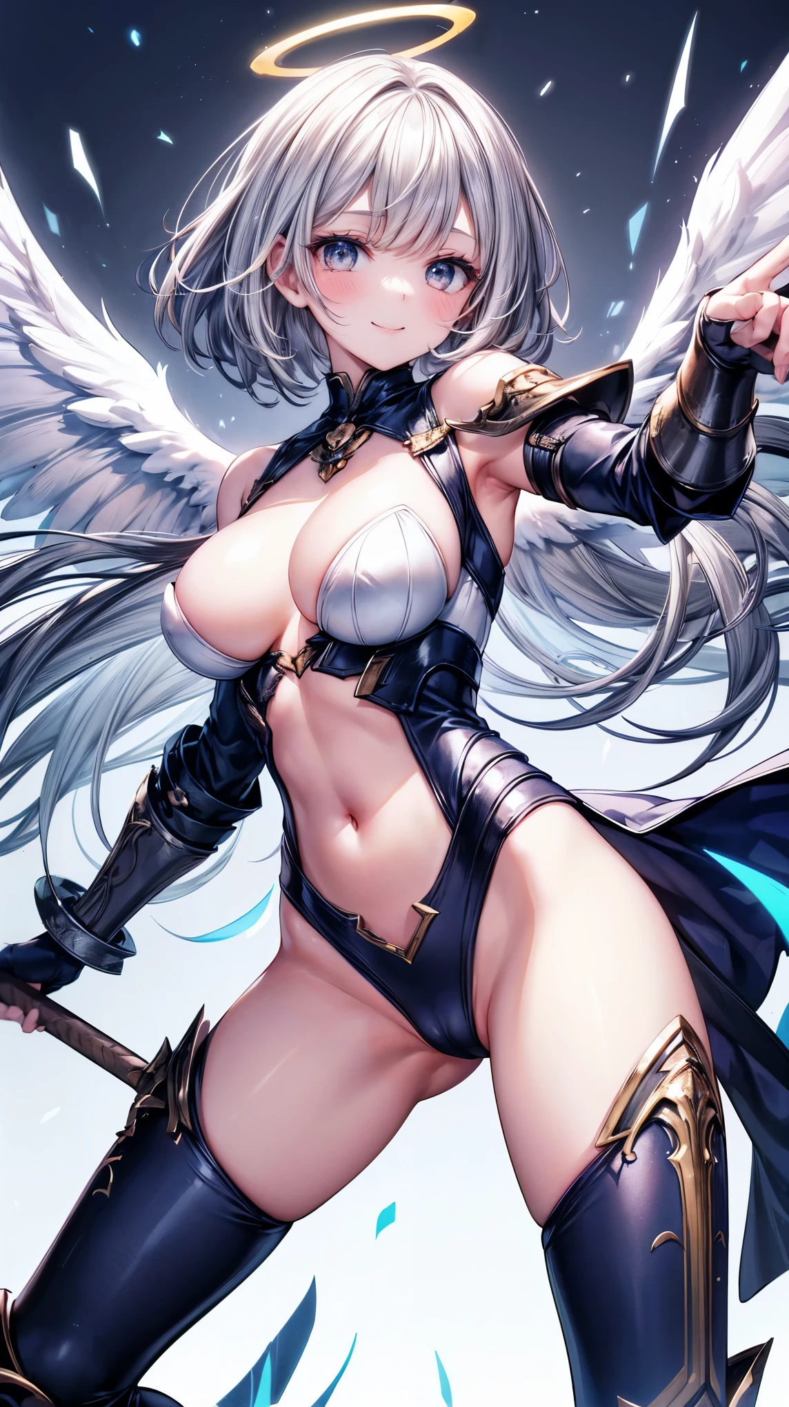 fantasy, 1angel_girl,(young_:1.5), ,brown_hair, medium_bob_hair, long_bangs, halo,bare_shoulder,thighhighs,silver_armor, waist_armor, large_breasts,1pair_wings, dynamic_pose_fighting,floating, bare_crotch, headgear,gauntlet, greaves,city_landscape_background,slightly_spread_legs, solo, groin_naked,smile