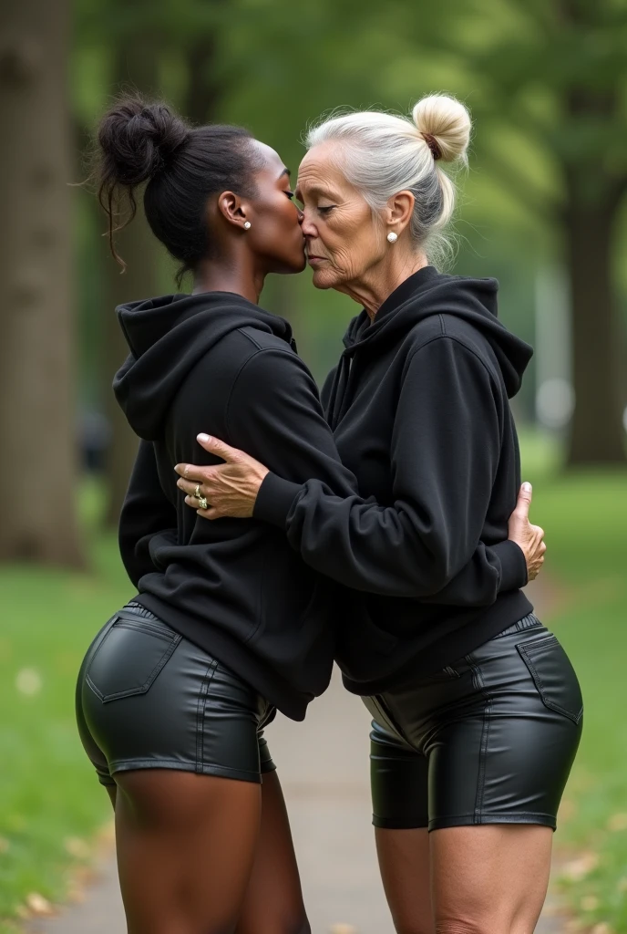 black woman hair in a bun black hoodie black leather short shorts bending over getting fucked in the ass by a old ugly woman in a dress in a park