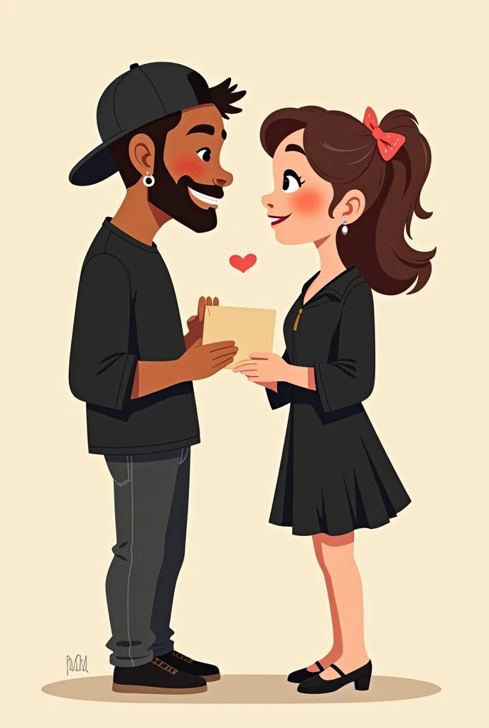 Create a mini cartoon of two lovers, she holding the letter (and) and he holding the letter (It is)The one with cinnamon skin and muscular, with earrings and a backwards cap and a short, well-defined beard, she with a bow in her hair, both dressed in black.