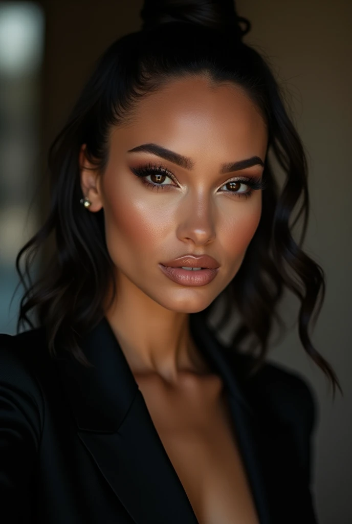 arafed woman with a black shirt and a black jacket, portrait sophie mudd, selfie of a young woman, tessa thompson inspired, with professional makeup, glowy, profile image, sexy face with full makeup, detailed flawless face, sultry look, perfectly lit face, headshot profile picture, light skin, ayahausca, with brown skin