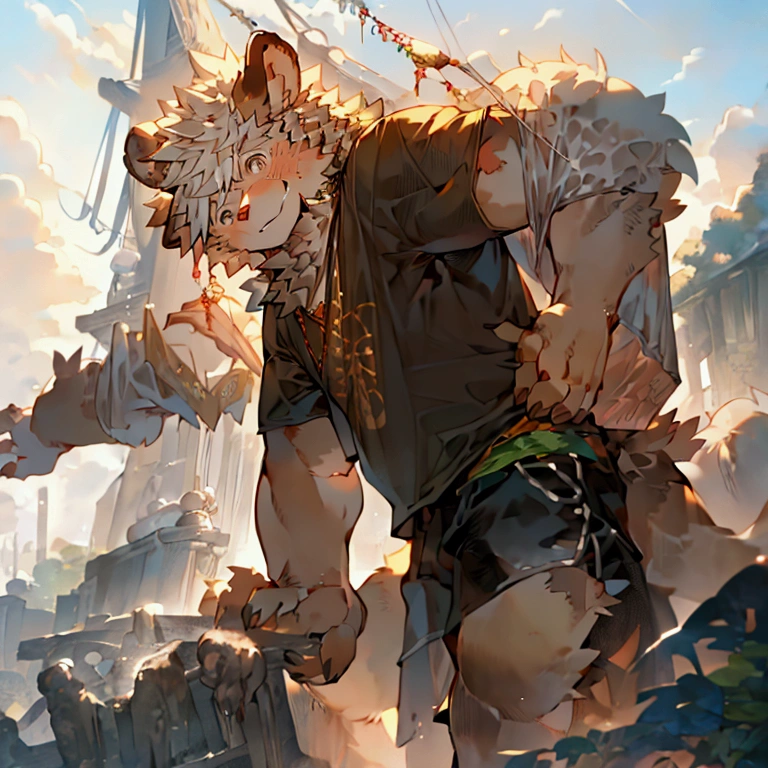 A handsome bear beastman in the same style as the picture, wearing a T-shirt and shorts