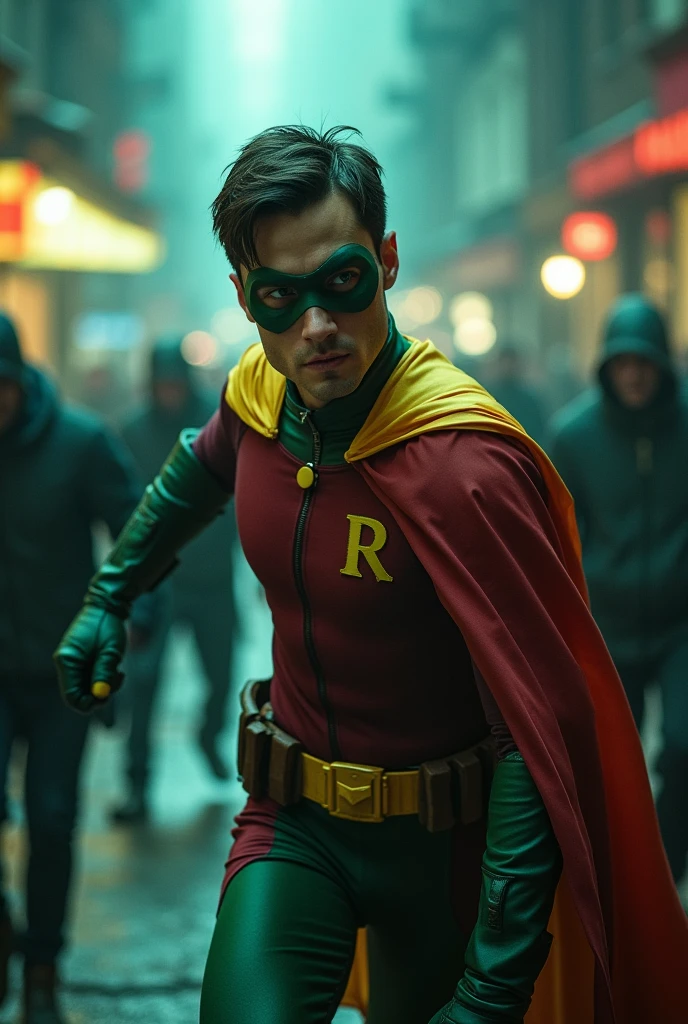 Go to Bing Image Creator, enter a prompt similar to:
Actor Joseph Gordon Levitt as Robin from Batman filmed by Zack Snyder, Robin suit, fighting against thugs, cape, mask, variant angles, captured with award-winning photography technique, cinematic, dark environment, bokeh, grainy, urban setting, blurry, IMAx, filmed with Kodak portrait 400, 200mm, f2.8, high resolution, teal filter