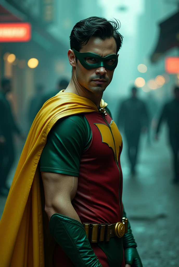 Go to Bing Image Creator, enter a prompt similar to:
Actor Joseph Gordon Levitt as Robin from Batman filmed by Zack Snyder, Robin suit, fighting against thugs, cape, mask, variant angles, captured with award-winning photography technique, cinematic, dark environment, bokeh, grainy, urban setting, blurry, IMAx, filmed with Kodak portrait 400, 200mm, f2.8, high resolution, teal filter