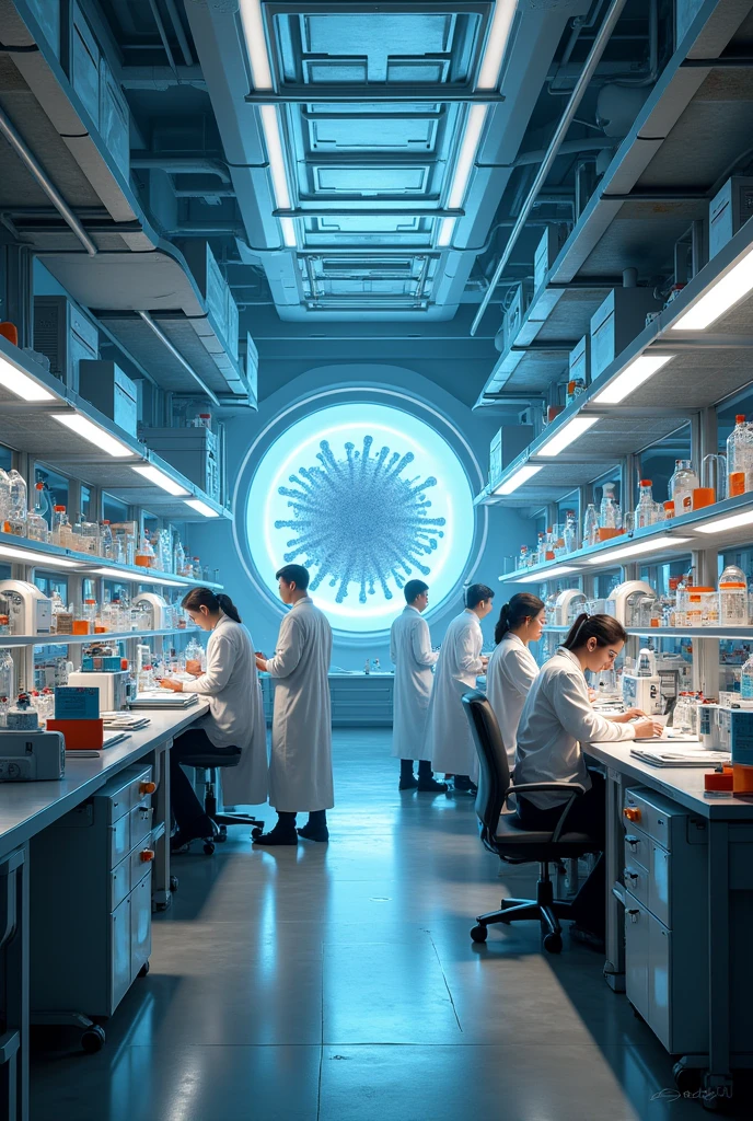 Best hyper realistic biotech laboratory advanced inside view with multiple equipments specimens scientists employees in work pose busy in their action and futuristic theme experiment and creating a virus show it huge lab centred with bio waste and products scifistyle