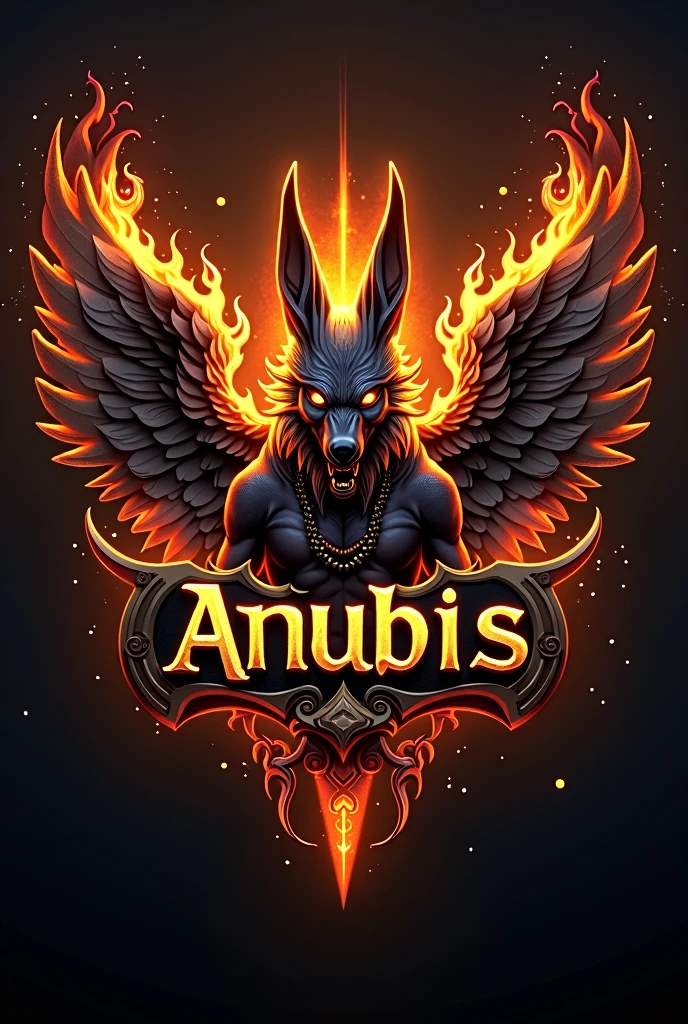 ((best qualityer)), ((work of art)), (detailded), create a gamer logo with the character egyptian god anubis, The logo must have a coat of arms with the character in front of the front bust, e o nome escrito ANUB☥S, Anubis has to be on fire epic dragon gamer style., and anubis has to look bad