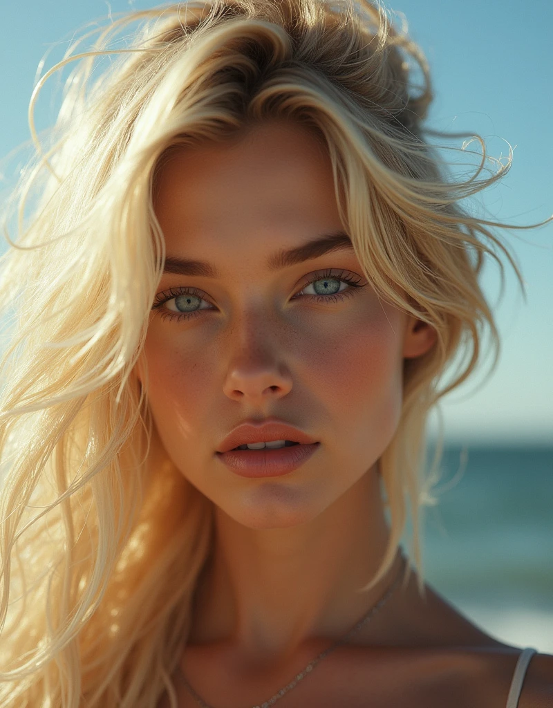 Photorealistic of a insanely beautiful woman with blonde windy messy hair, in the style of panasonic lumix s pro 50mm f/1.4, light beige and dark azure, celebrity images mashups, photo realism, barbiecore, unreal engine 5, 32k uhd, luminous quality, swiss realism, niji 5