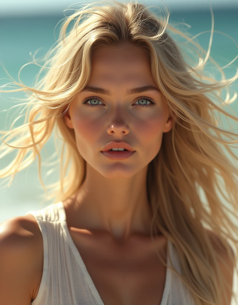 Photorealistic of a insanely beautiful woman with blonde windy messy hair, in the style of panasonic lumix s pro 50mm f/1.4, light beige and dark azure, celebrity images mashups, photo realism, barbiecore, unreal engine 5, 32k uhd, luminous quality, swiss realism, niji 5