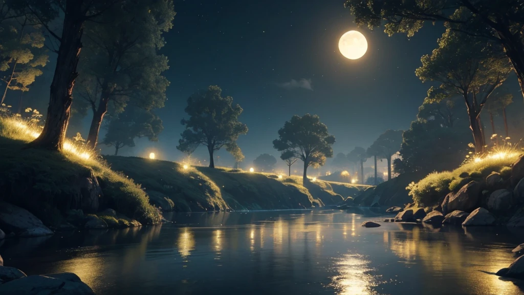 [Ultra-realistic]A serene alien landscape under two moons, soft glowing plants, and a calm river.