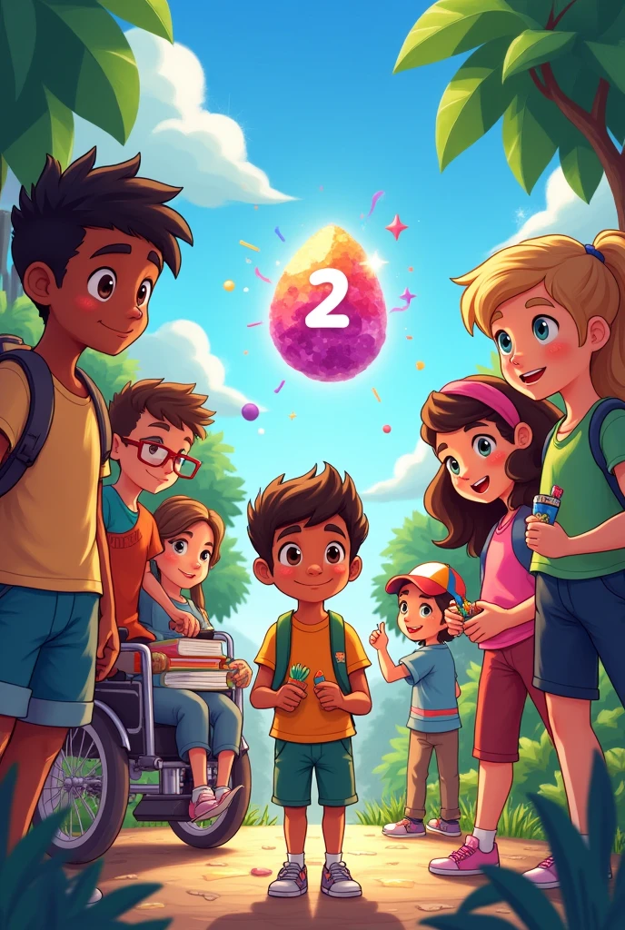 Design a vibrant and colorful cover for a textbook and the cover should feature the seven main characters and they should be around :
Potiguar: a dark-skinned boy, black hair and brown eyes, wearing a backpack full of books and notebooks, with a curious expression.
Cauê: a dark skinned boy, short curly hair and dark brown eyes, smiling and wearing a colorful shirt.
again: a girl with light brown skin, light brown wavy hair and brown eyes, holding a little plant.
Vehicle: a fair-skinned girl, straight brown hair and green eyes, happy, sitting in a wheelchair decorated with vibrant colors and stickers.
Apoena: a fair-skinned girl, light brown hair and brown eyes, with a calm expression, drawing or solving a puzzle.
Guaraci: a fair-skinned one, blonde hair and blue eyes, wearing a cap and holding some science equipment.
stronger: One with fair skin, brown hair and blue eyes, with an expression of curiosity and wearing comfortable clothes.
The background should be a colorful and lively village with natural elements., like trees and flowers. Add a magic touch, like a soft glow around the Number Stone, which should be floating in the center of the cover.