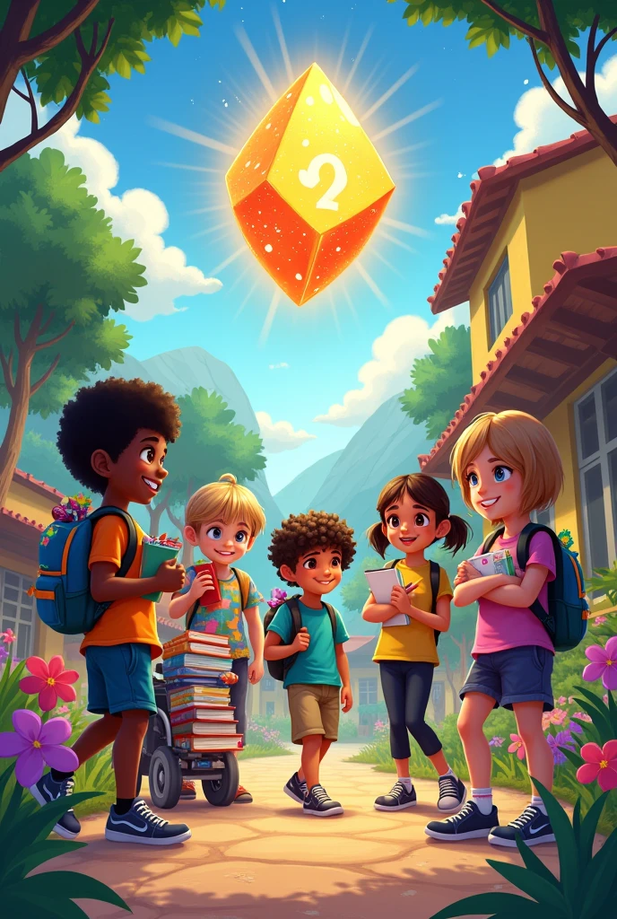 Design a vibrant and colorful cover for a textbook and the cover should feature the seven main characters and they should be around :

Potiguar: a dark-skinned boy, black hair and brown eyes, wearing a backpack full of books and notebooks, with a curious expression.
Cauê: a dark skinned boy, short curly hair and dark brown eyes, smiling and wearing a colorful shirt.
again: a girl with light brown skin, light brown wavy hair and brown eyes, holding a little plant.
Vehicle: a fair-skinned girl, straight brown hair and green eyes, happy, sitting in a wheelchair decorated with vibrant colors and stickers.
Apoena: a fair-skinned girl, light brown hair and brown eyes, with a calm expression, drawing or solving a puzzle.
Guaraci: a fair-skinned one, blonde hair and blue eyes, wearing a cap and holding some science equipment.
stronger: One with fair skin, brown hair and blue eyes, with an expression of curiosity and wearing comfortable clothes.
The background should be a colorful and lively village with natural elements., like trees and flowers. Add a magic touch, like a soft glow around the Number Stone, which should be floating in the center of the cover.


