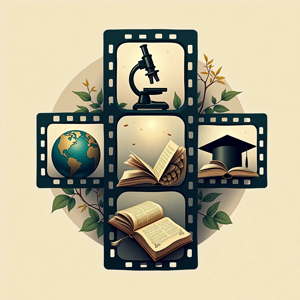 Film Strip with Educational Icons: "A logo resembling a film strip with frames showing different educational icons: a globe, microscope, ancient manuscript, and graduation cap. The style should be semi-realistic with a vintage sepia tone, blending the old and new of education."