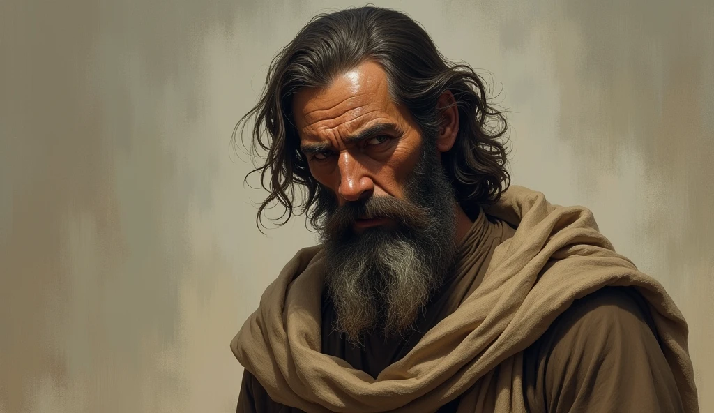 A picture of the Prophet Saleh, with a long beard and slightly long hair, wearing simple clothes and an old cloak, warning his people of the coming torment, with a serious and sad expression on his face.
