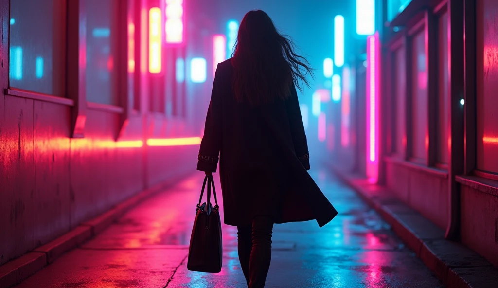 (masterpiece, best quality:1.2), (dark environment, vibrant neon lights:1.3), (woman walking towards light, silhouette glowing with colors:1.3), (straight long hair, black or dark brown:1.2), (hair lightly swaying, reflecting neon lights:1.2), (long coat, black or dark gray:1.3), (knee-length coat, dramatic movement:1.2), (black slim pants:1.1), (heeled boots, black or dark brown:1.2), (large bag, held in one hand:1.2), (minimal jewelry, subtle earrings:1.1), (neon glow, colorful lighting:1.3), (8K, ultra-detailed, hyper-detailed, RAW photo quality, Unreal Engine rendering:1.3)
