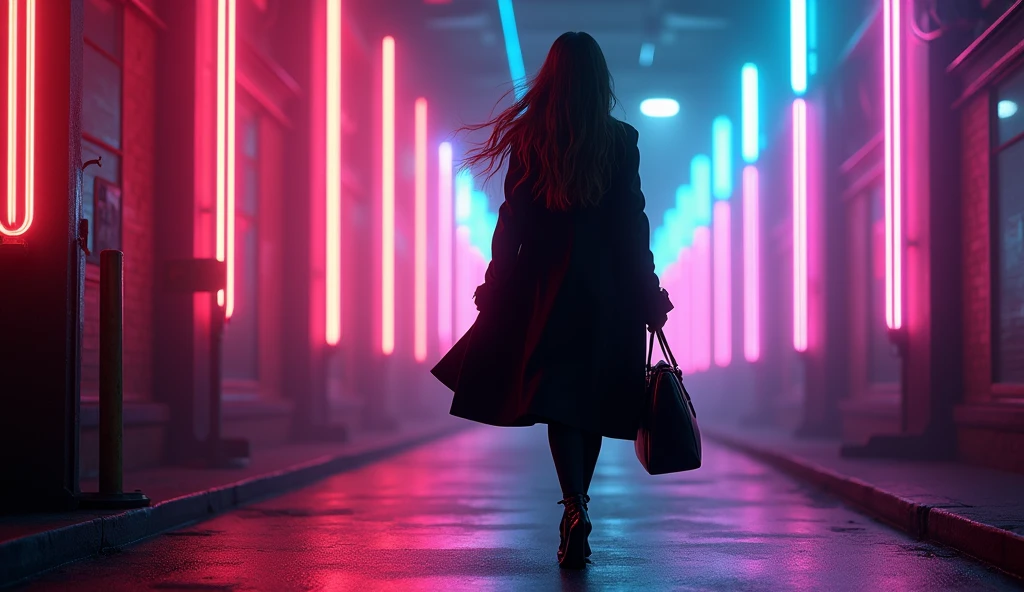 (masterpiece, best quality:1.2), (dark environment, vibrant neon lights:1.3), (woman walking towards light, silhouette glowing with colors:1.3), (straight long hair, black or dark brown:1.2), (hair lightly swaying, reflecting neon lights:1.2), (long coat, black or dark gray:1.3), (knee-length coat, dramatic movement:1.2), (black slim pants:1.1), (heeled boots, black or dark brown:1.2), (large bag, held in one hand:1.2), (minimal jewelry, subtle earrings:1.1), (neon glow, colorful lighting:1.3), (8K, ultra-detailed, hyper-detailed, RAW photo quality, Unreal Engine rendering:1.3)