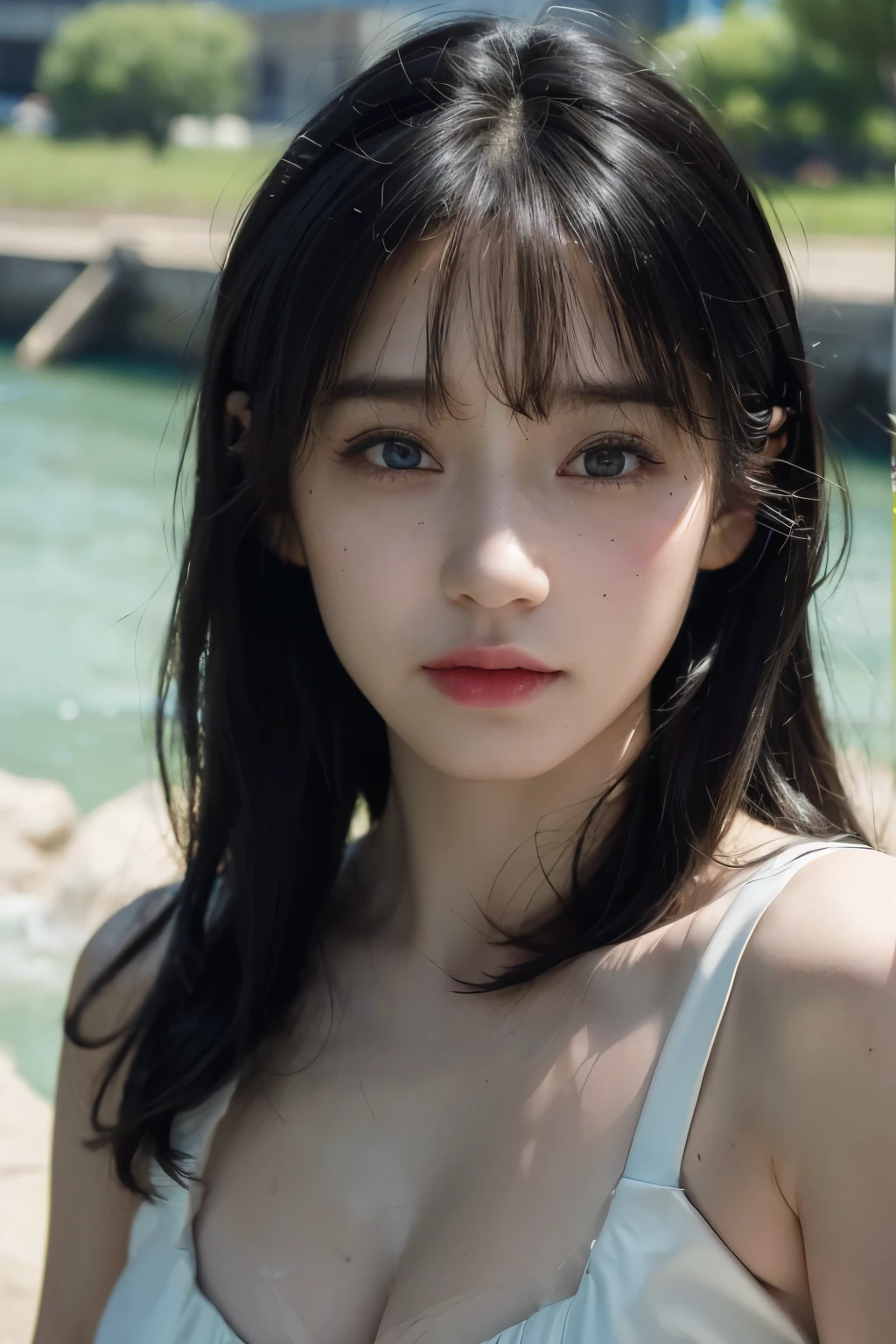 ( masterpiece, top quality, best quality,8k, girl,very detailed,RAW photos:1.5),(realistic:1.4), (forehead, black hair:1.5), (movie lights), PerfectNwsjMajic, , surrealism, uhd, accurate, super detail, textured skin, high detail, best quality, dynamic angle, White skin,[beautiful blue eyes], high nose,[flat chest:big bust:0.5],(1girl),(good anatomy:0.5)),(out,river,portrait:1.5),white dress, freckles,Original face 