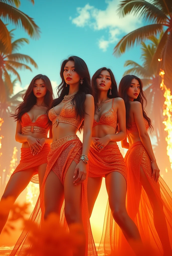 Kpop girl group with 4 members, in tropical setting, Fire Theme, extravagant fashion