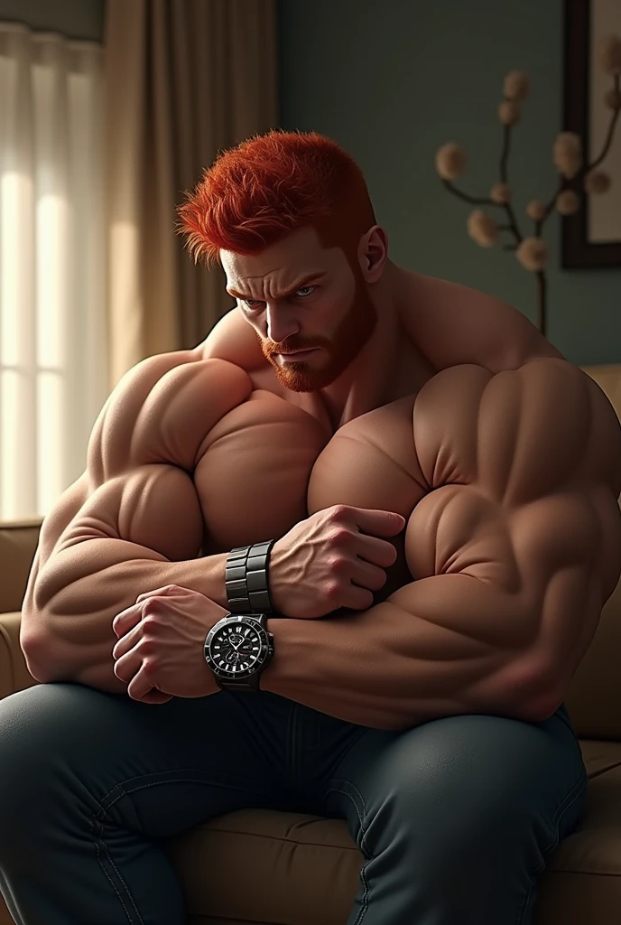 An extremely muscular man, with veins protruding from his powerful muscles, and red hair. He is looking closely at the watch on his wrist to see what time it is., in the background the living room of a house