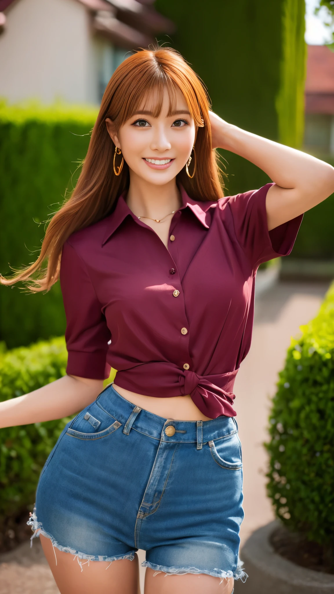 (masterpiece, best quality:1.1), (8k, raw photo, photo realistic:1.2, f22), (shiny skin), detailed skin,long hair,ribbon,detailed face, detailed eyes,smile,BREAK, real world, intricate details, smil, BREAK, 1girl, full body,(shortsleeve,red,blue),BREAK, (bouquet:1.4)