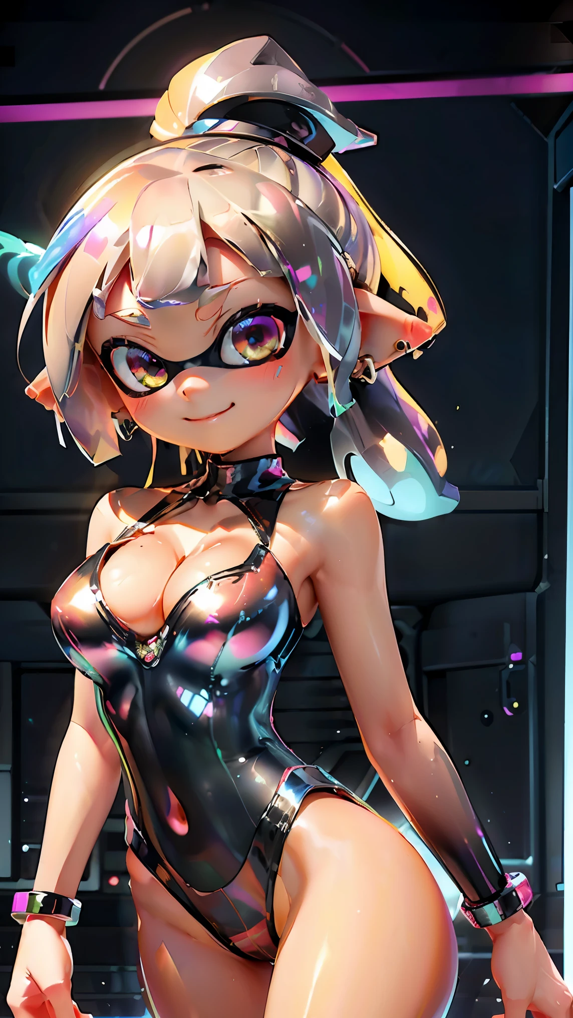 ((Highest quality)), ((masterpiece)), (detailed), Perfect Face, ((Highest quality, 8k, masterpiece: 1.3)), Real Anime、3d、splatoon girl、Sharp focus Beautiful woman with perfect body, Slim abdomen, Highly detailed face and skin texture, detailedな目、Golden Eyes, smile, blush、Multicolored tentacle hairs、 ponytail、Big heart earrings, ((Silver tube top, Enamel bodysuit、Glowing bodysuit))、Huge breasts、Cleavage、FI is changing direction, Sunburned skin, Brown Skin、On stage at the festival、Rainbow colors、latexsuit