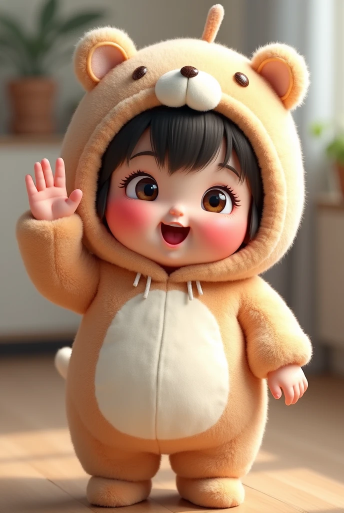 (girl),(()) ,3d images ,Highest quality 8K ,Chubby body shape,((Very fat)),Pink cheeks,podgy,Good mood,((Raise your hand to salute your boss.)),((right hand saluting)),((Open your eyes.)),Put on a stuffed animal costume,Balanced lighting,blurred background,Middle of the picture