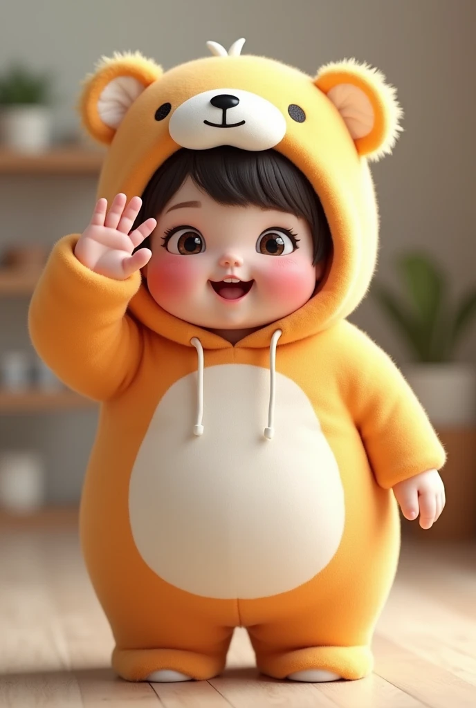 (girl),(()) ,3d images ,Highest quality 8K ,Chubby body shape,((Very fat)),Pink cheeks,podgy,Good mood,((Raise your hand to salute your boss.)),((right hand saluting)),((Open your eyes.)),Put on a stuffed animal costume,Balanced lighting,blurred background,Middle of the picture