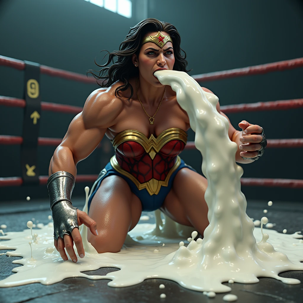(sweaty)(muscular)A very sweaty Wonder Woman is vomiting in the ring, she spits out lot of visible milk repeatedly. Lot and Lot of milk continously dropping from her mouth to the floor. There is lot of sweat on her muscular body. She's coughing and breathing hard.