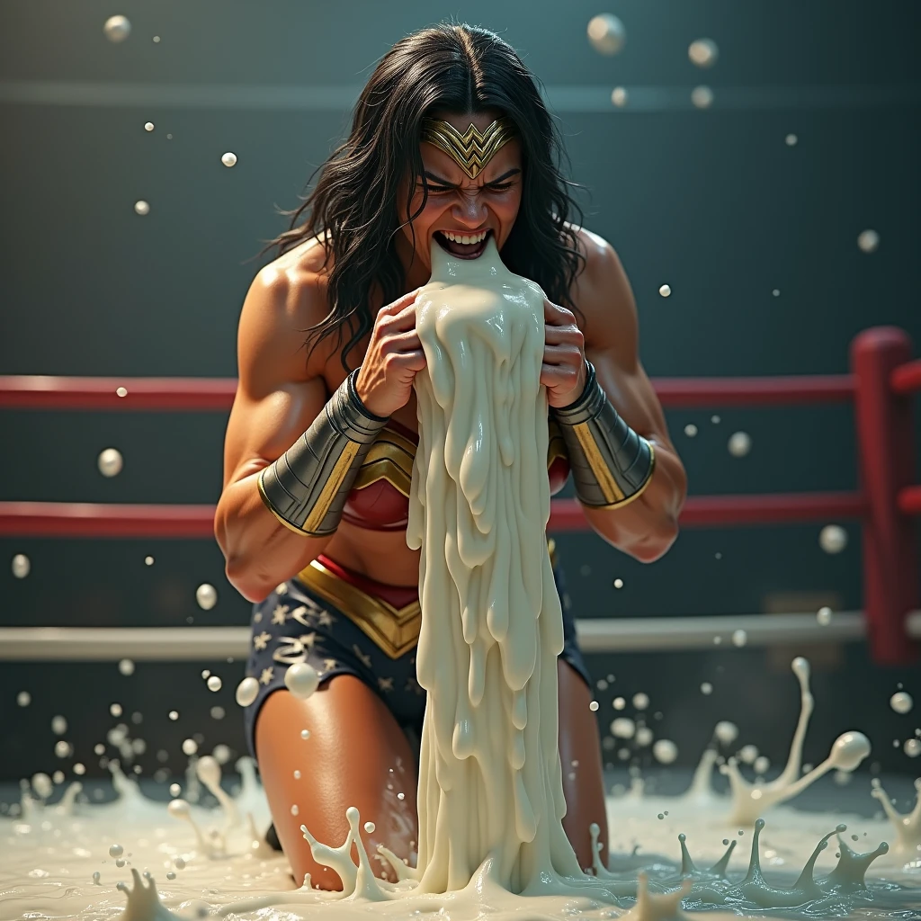 (sweaty)(muscular)A very sweaty Wonder Woman is vomiting in the ring, she spits out lot of visible milk repeatedly. Lot and Lot of milk continously dropping from her mouth to the floor. There is lot of sweat on her muscular body. She's coughing and breathing hard.